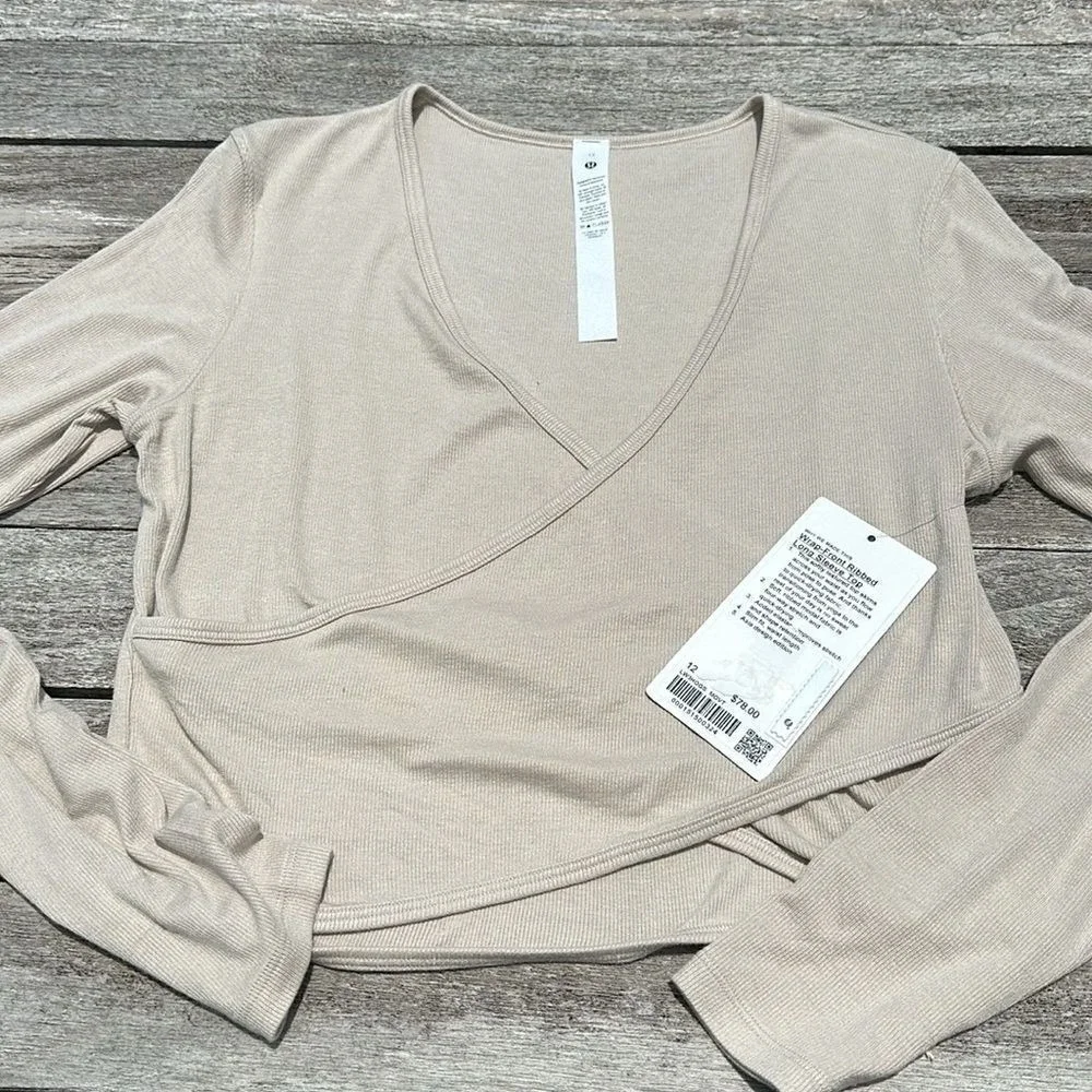 Lululemon Wrap-Front Ribbed Long Sleeve Top Mojave Tan‎ NWT WOMENS SIZE 12